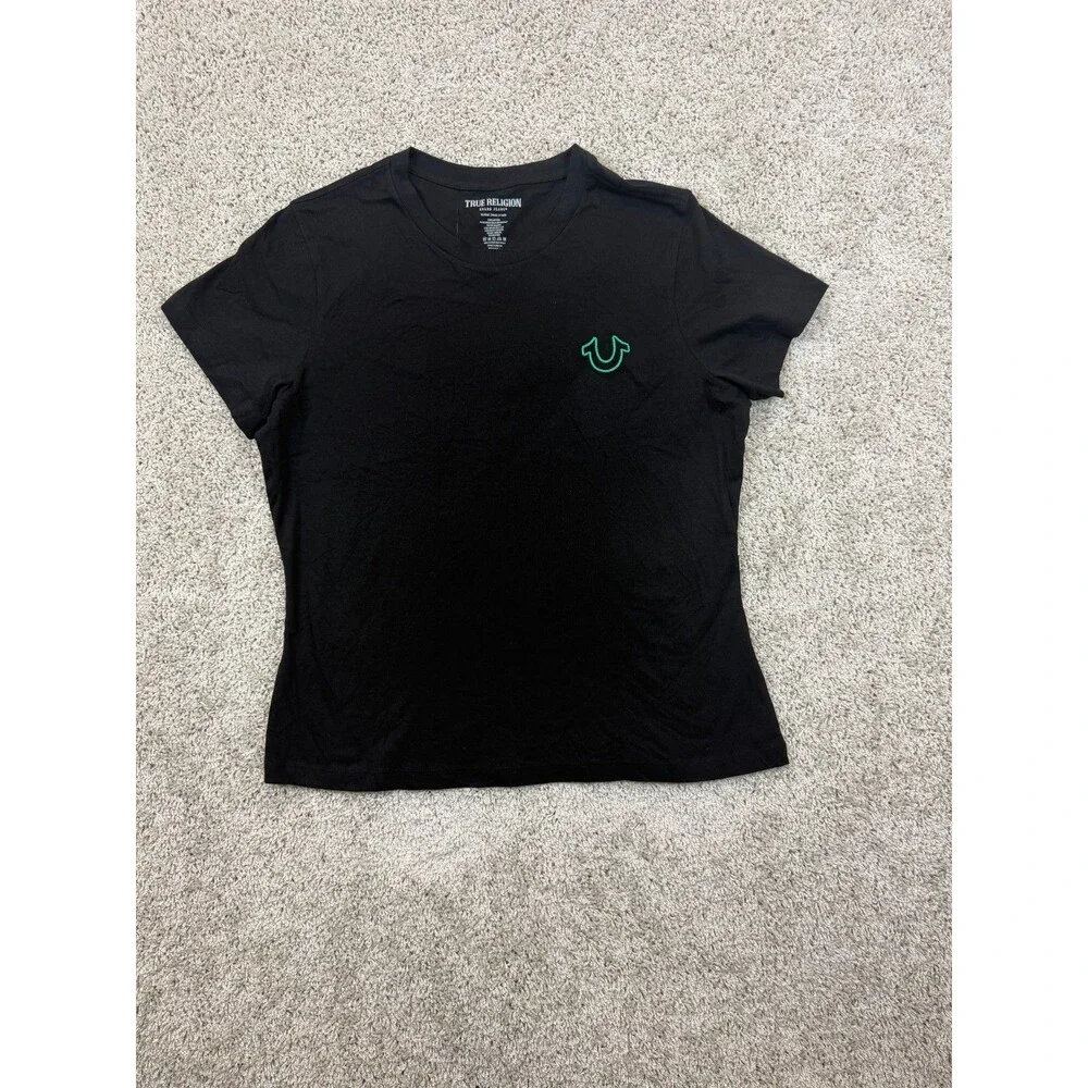 True Religion Men's TR Chain Stitch T-Shirt XL Jet Black Green Logo NWT $59